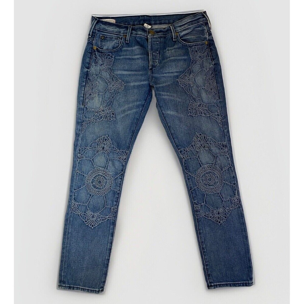 True Religion Jeans Womens 26 Audrey Floral Embroidered Boyfriend Mid-rise Slim